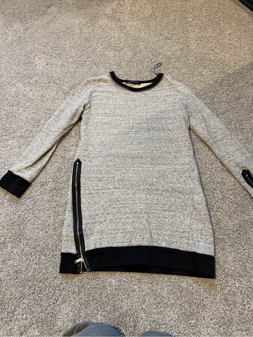 Gray Knit Long-Sleeve Sweater Dress with Black Trim